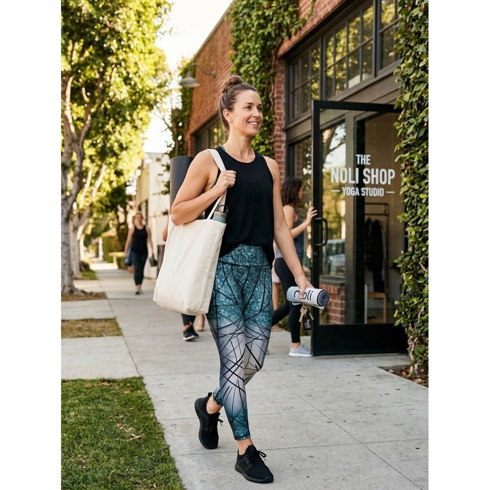 Noli Yoga Womens Teal Geometric Abstract Print Activewear Leggings Hi waist Yoga